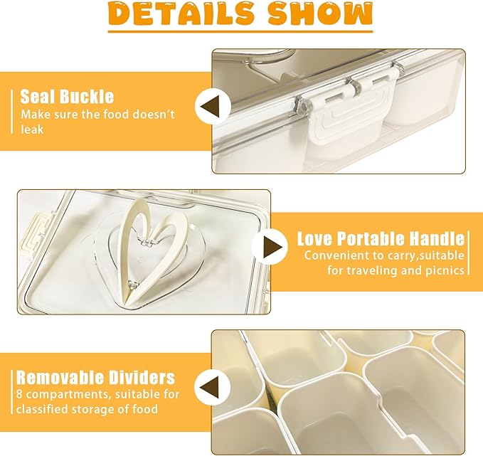 Snackle Box Container, 8 Compartments Divided Serving Tray With Lid And Handle,Reusable Portable Snack Containers For Candy Fruits Nuts Snack, Travel Snack Box(White)