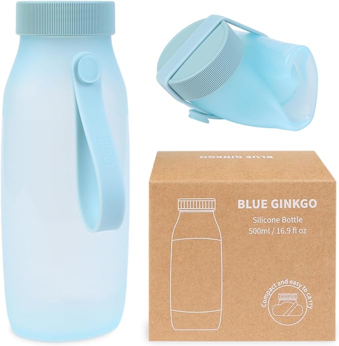 BLUE GINKGO Collapsible Water Bottle – Lightweight, Foldable Silicone Bottle for Travel, Hiking, and Camping (16.9oz, Made in Korea, Blue)