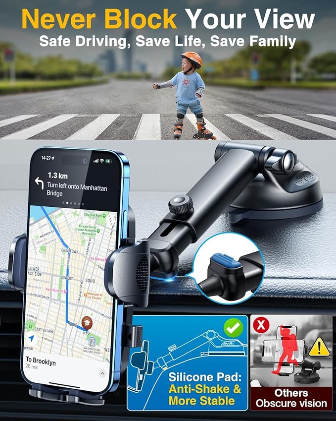 YRU True Military-Grade [360° Rotation Suction] 2025 Ultimate Car Phone Holder Mount 【90+LBS Safest Strongest & Patent Certs】 Dashboard Windshield Vent for iPhone 17 16 Pro Max Samsung, Royal Blue