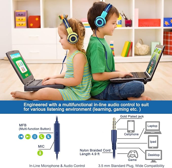 SIMOLIO Kids Headphones with Microphone, 75dB-85dB-94dB Volume Limited Children Headphone with Share Port, On-Ear Wired Headset for PC, Tablet, Airplane Travel(Yellow)