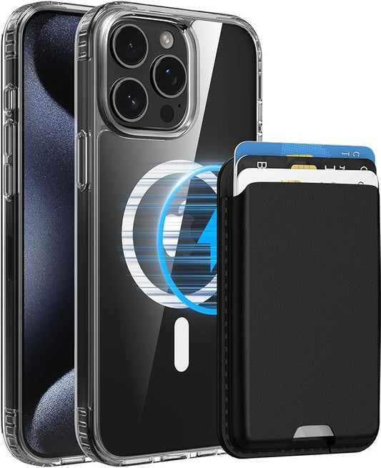 Ntwinro Magnetic for iPhone 15 Pro Max Clear Case (Compatible with MagSafe) with Black Detachable Wallet & Card Holder for 3 Cards [RFID Blocking] Military Grade Protective Slim Phone Cover