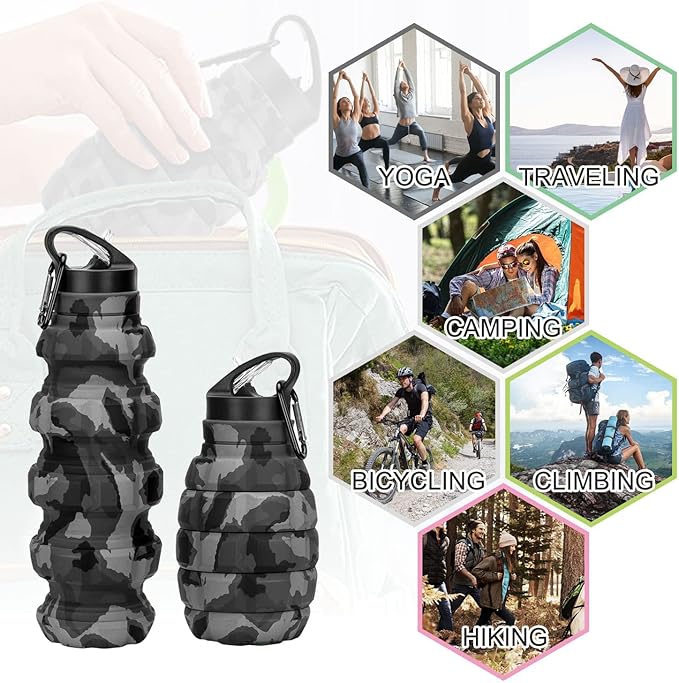 QiCheng&LYS Collapsible Water Bottle Sports Bottle 19.5OZ/580ml Travel Water Bottle for Men Women kids. BPA Free Food Grade Silicone. (Dark gray camouflage cup)