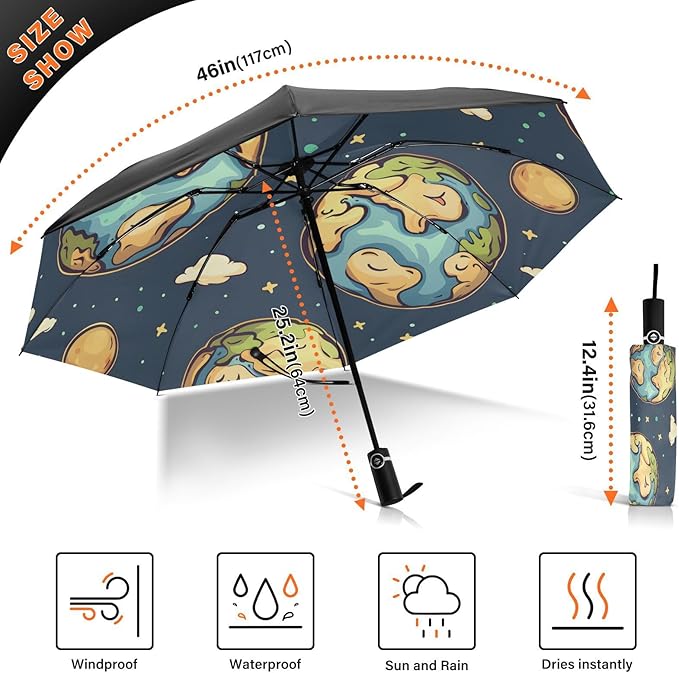 panksolu Folding Umbrella Earth Compact Travel Umbrella Automatic Portable Lightweight Windproof Umbrellas for Sun Rain UV Protection Large Portable Umbrellas