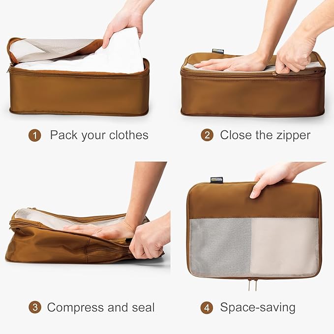 6 Set Compression Packing Cubes for Travel Essentials, Luggage Organizers for Suitcases (Dark Brown)