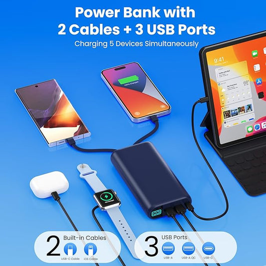 Portable Charger 40,800mAh Power Bank with Built-in Cables,5 USB Output Battery Pack Backup,25W PD USB-C in&out Phone Charging Compatible with iPhone 17/16/15,Android Samsung Galaxy Pixel Nexus-Blue