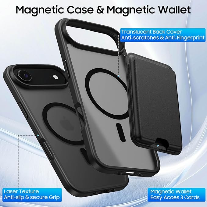 Ntwinro Magnetic for iPhone Air Case (Compatible with MagSafe) with Detachable Wallet & Card Holder for 3 Cards [RFID Blocking] Military Grade Protective Slim Phone Cover for 17 Air 2025, Black