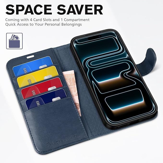 TUCCH Case Wallet for iPhone 17 Pro (6.3") 2025, Stand, RFID Blocking, 4 Card Holder, TPU Shockproof Inner Shell, PU Leather, Magnetic Closure Folio Protective Cover, Dark Blue