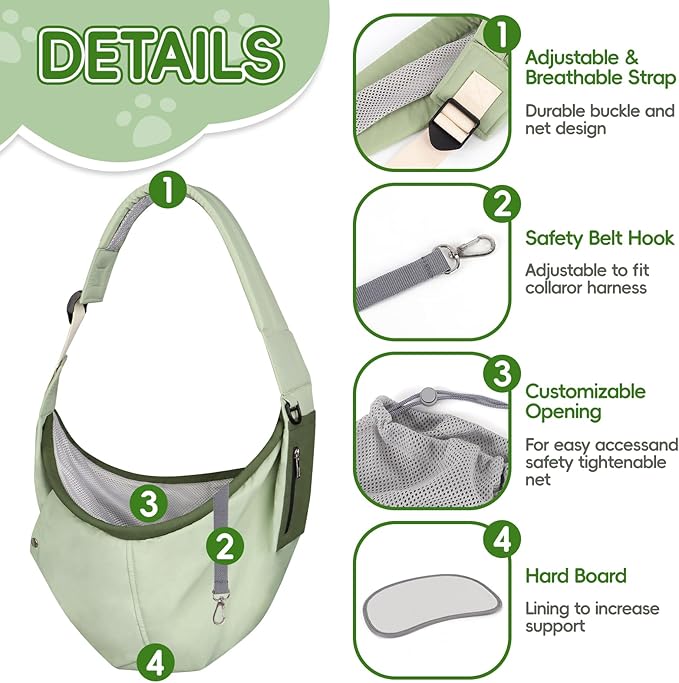 Bartuke Dog Carrier Sling, Hands Free Pet Sling Carriers for Small Dogs and Cats, Thick Padded Shoulder Strap Adjustable Dog Carriers with Storage Pocket, Water-Resistant Puppy Carrier Purse, Green