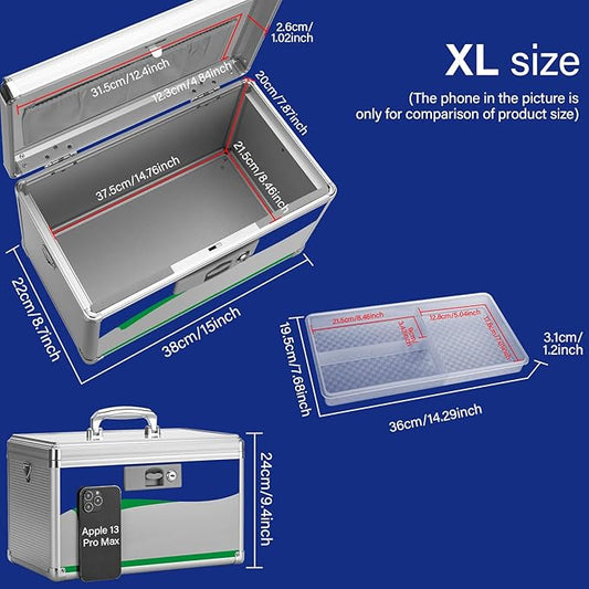 Medicine Lock Box for Safe Medication - 15 x 8.7 x 9.4 Inches - Lockable Storage Box for Drugs, First Aid Kit Empty, Lock Boxes with Key for Home/Outdoor (Blue/X-Large)