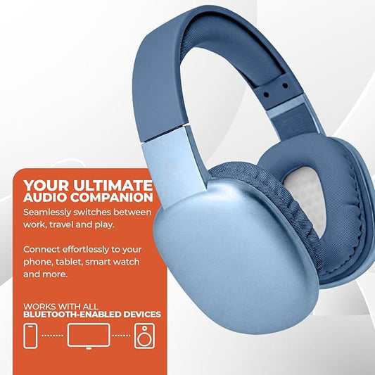 iJoy Ultra Wireless Over-Ear Bluetooth Headphones with Mic, Up to 10 Hours Playtime, Bluetooth Headset 33Ft Range with Backup AUX Cable & SD Slot, Wireless Headphones for Gaming, Work & Gym (Blue)