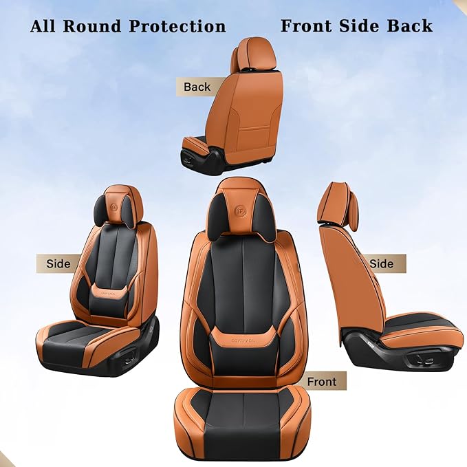 Coverado Universal Seat Covers Full Set, 5 Seats Universal Seat Covers for Cars, Waterproof Nappa Leather Car Seat Covers with Head Pillow, Auto Protectors Fit for Most SUV Pick-up Truck-Black&Brown