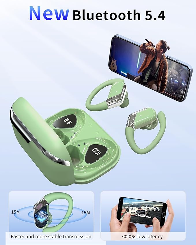 Wireless Earbud, Bluetooth 5.4 Headphones IP7 Waterproof for Sport, 50H Running Wireless Earphones with ENC Noise Cancelling Mic, Deep Bass Over Ear bud with Earhooks for Android, iOS, Workout, Gym