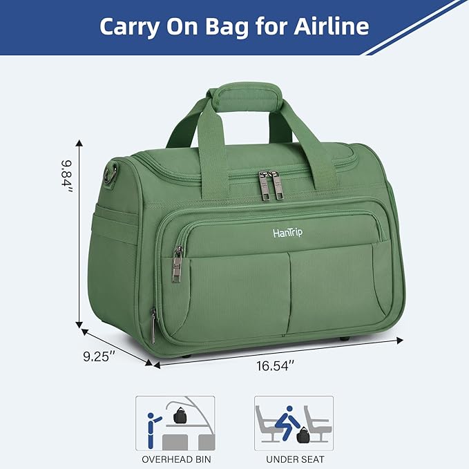 HanTrip Carry on Duffel Bag Foldable Duffle Bags for Travel, Under Seat Personal Item Bags for Airplanes, Weekender Overnight Mens Travel Tote Bag for Women Softside Carry on Luggage (Forest Green)