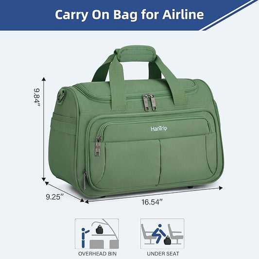 HanTrip Carry on Duffel Bag Foldable Duffle Bags for Travel, Under Seat Personal Item Bags for Airplanes, Weekender Overnight Mens Travel Tote Bag for Women Softside Carry on Luggage (Forest Green)