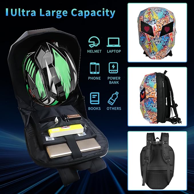 Motorcycle Backpack with LED Eyes, DIY Laptop Backpack for Riding, Cycling, Travel, Waterproof Hard Case Motorbike Bag, Large Size 19" Graffiti