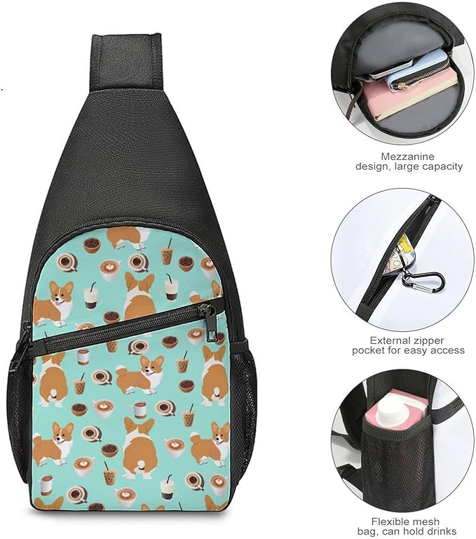 SWEET TANG Fashion Sling Backpack, Lightweight Sling Shoulder Bag, Outdoor Chest Crossbody Bike Gym Runner Daypack with Adjustable Strap for Men Women, Shiba Inu Coffee Print Dog And Coffees