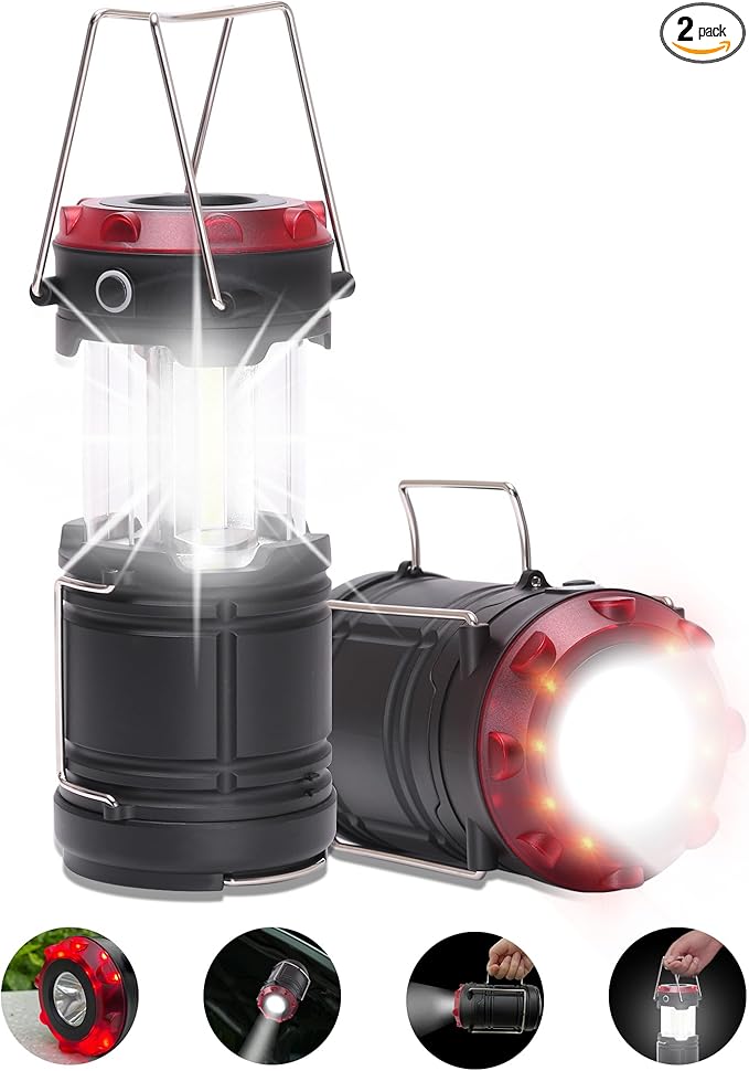 Lichamp Collapsible 2-Pack Camping Lanterns, 300LM COB Light & 150LM Flashlight with Red Strobe/SOS, Magnetic Base, Battery-Powered for Hiking, Power Outages and Emergency
