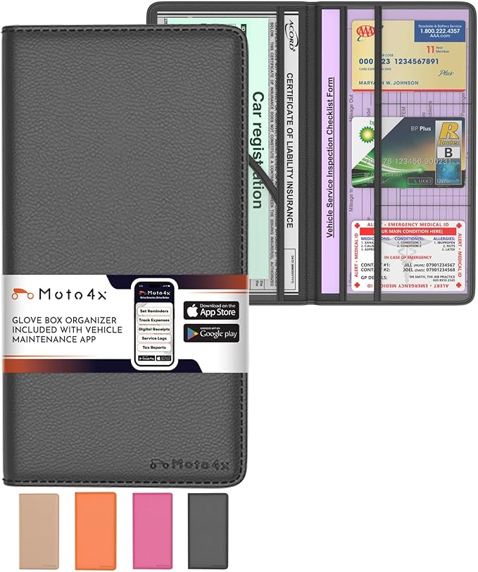 Premium Leather with Magnetic Shut Car Registration and Insurance Card Holder, Glove Box Organizer for License, Cards & Documents, a Car Wallet for All Vehicle Needs and Car Accessories: Black