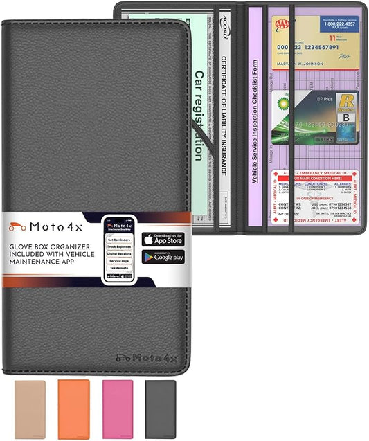 Premium Leather with Magnetic Shut Car Registration and Insurance Card Holder, Glove Box Organizer for License, Cards & Documents, a Car Wallet for All Vehicle Needs and Car Accessories: Black