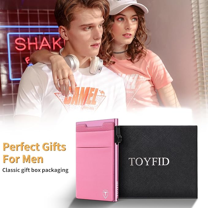 Slim Front Pocket Wallet,Pop Up Card Holder Wallets for Men and Women Aluminum Compact Wallets with RFID Blocking,Small Ultralight 6-12 Card Capacity Metal Wallets,Pink