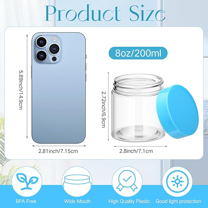SATINIOR 12 Pack 8 oz Plastic Container Jars with Lids Round Clear Travel Cosmetic Container Slime Jars for Toiletries, Lotion, Cream, Ointments, Makeup, Rhinestone, Samples, Kitchen Storage(Blue)