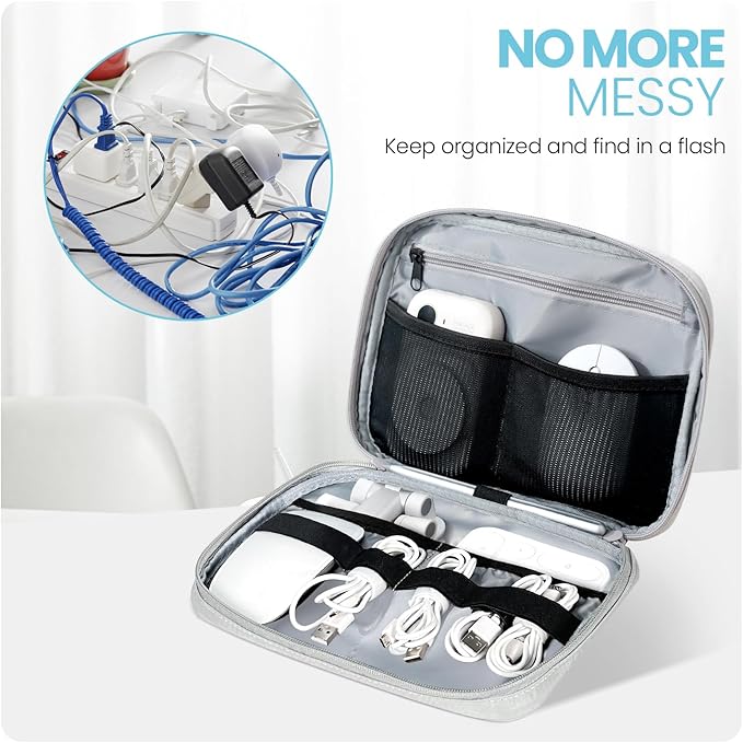 Electronics Organizer Bag, Portable Cable Organizer Case Travel Electronic Accessories Storage Case - Travel storage bag for Cables, Chargers, Phone, SD Cards - Grey