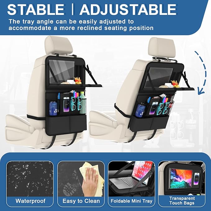 Car Backseat Organizer with Detachable Steering Wheel Tray, 11-Pockets Storage & Tablet Holder, Kids Kick Mats Protector - Travel Accessories (1-Pack)