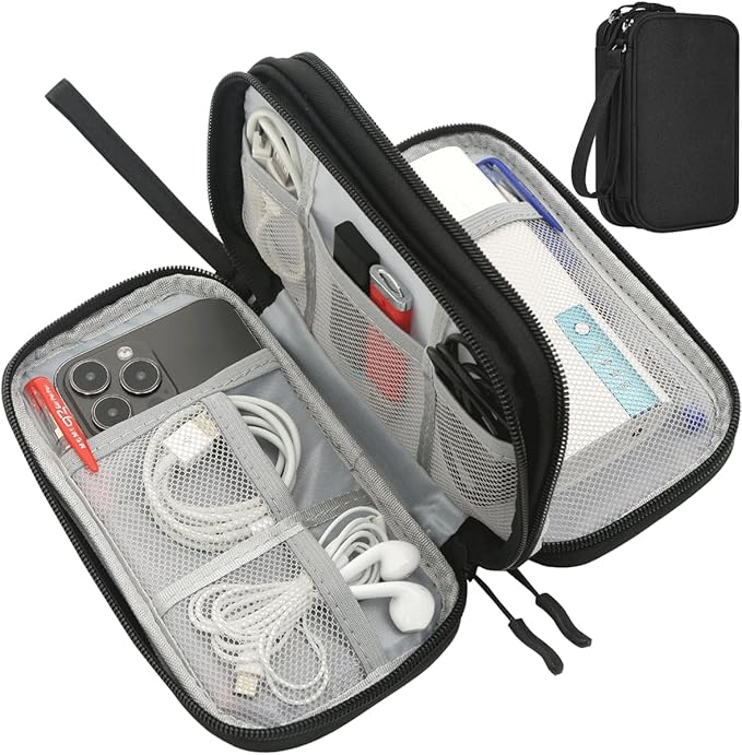 Electronics Organizer Travel Bag, Small Cable Organizer Case Waterproof Accessories Pouch, Travel Electronic Carrying Case for Cord, Charger, Phone, USB, Power Bank, Earphone (Black, Medium)
