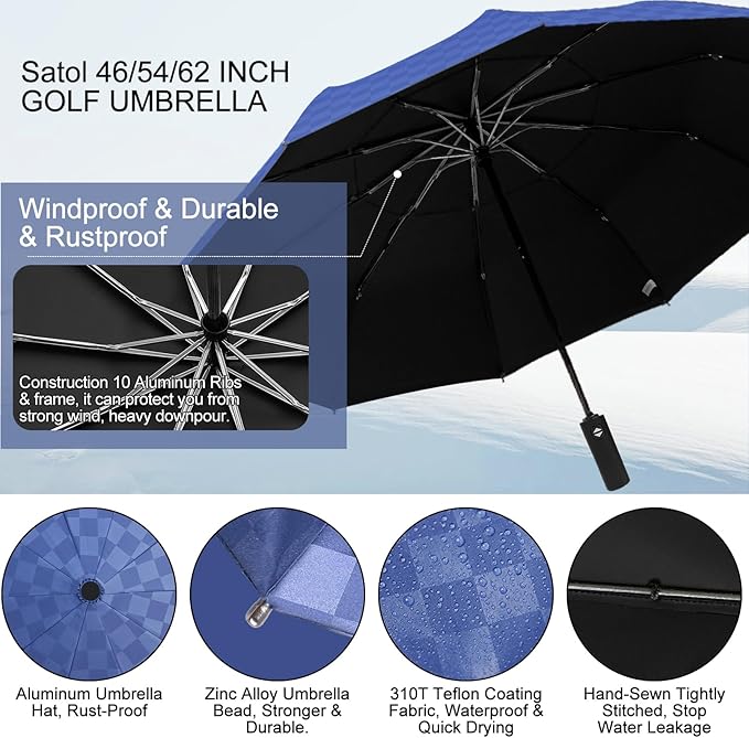 Satol 46/54/62 Inch Large Golf Umbrella, Windproof 10 Ribs Automatic Open/Close Oversize Double Canopy Vented Portable Folding Travel Umbrellas, UPF 50+ Sun & Rain Compact Umbrellas for Outdoor