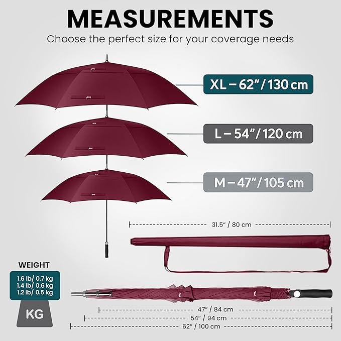 Golf Umbrella Windproof - 62/54/47 Inch Large Umbrellas For Rain Heavy Duty - Automatic Open Ultimate UV Protection - Water Repellent Double Canopy Vented - Best Sports Umbrella