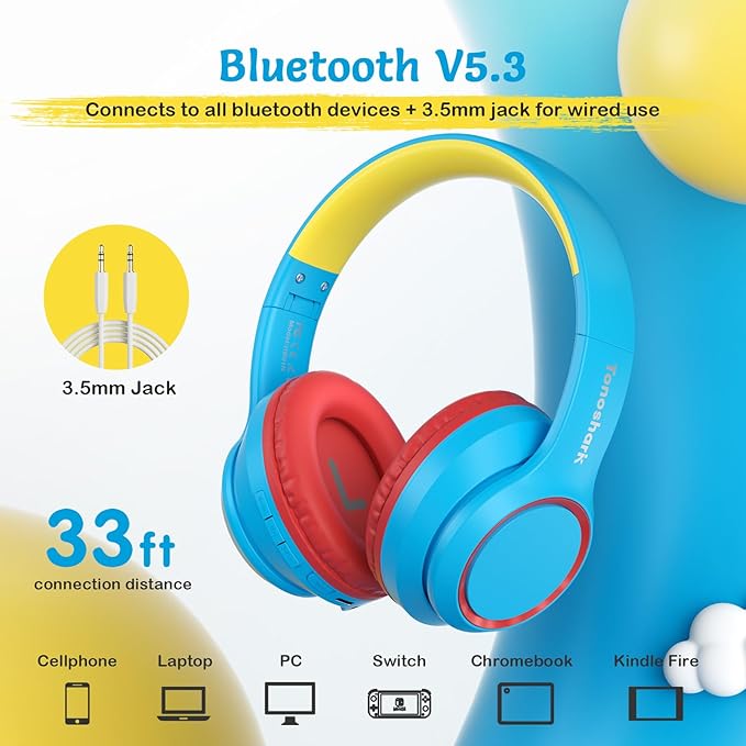 Kids Bluetooth Headphones with Active Noise Cancelling, Wireless Over-Ear Headphones for Boys Girls, Foldable, Adjustable,for School Trave (Blue red)