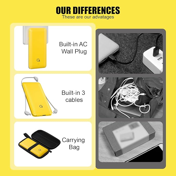 Q 10000mAh Power Bank, Slim Portable Charger,4 Output External Battery Pack with Built-in AC Wall Plug Micro USB C 3 Cables Compatible with iPhone Samsung Android Phone Tablet and More