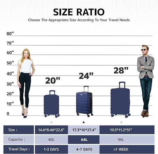 AnyZip Luggage PC ABS Hardside Lightweight Suitcase with 4 Universal Wheels TSA Lock Checked-Medium 24 Inch Dark Blue