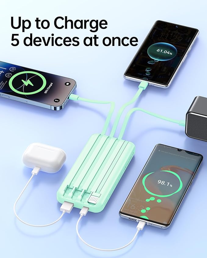 Portable Charger with Built in Cable - Power Bank Fast Charging USB C LED Display 10000mah Battery Pack 5 Outputs & 3 Inputs for Travel Essentials iPhone Samsung Android Phones Tablets Cyan