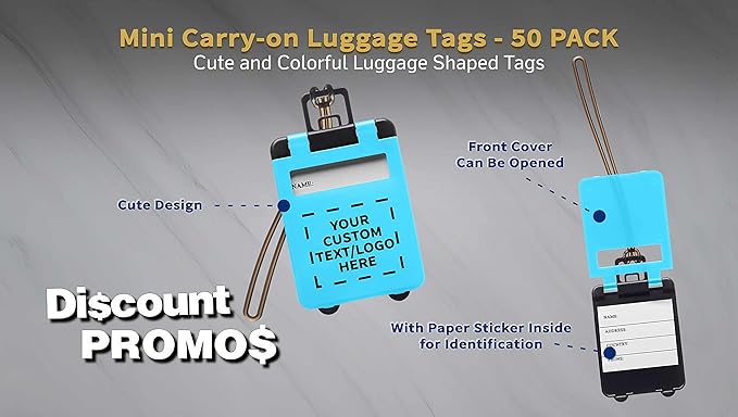 50 Mini Carry-on Luggage Tags Pack - Customizable Text, Logo - Flip Open Cover, ID Sticker - Light Blue