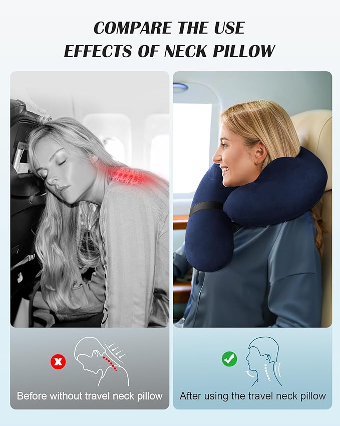 Patented Design Inflatable Travel Neck Pillow – Airplane Neck Pillow with 360° Head & Neck Support, Soft Washable Velvet Cover, Compact Neck Support Pillow for Airplane,Train,Car,Office & Home (Blue)