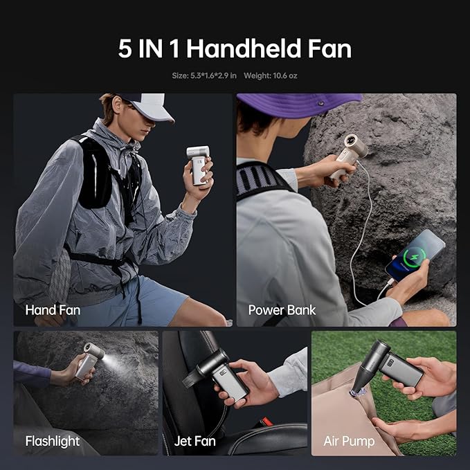 JISULIFE Portable Handheld Fan Ultra2, 9000mAh Max 25 Hrs, 5 IN 1, 100 Speed Turbo Fan Rechargeable 18W Power Bank with Flashlight, Metal Shell Multi-Function Travel Essentials Gifts for Men-Grey