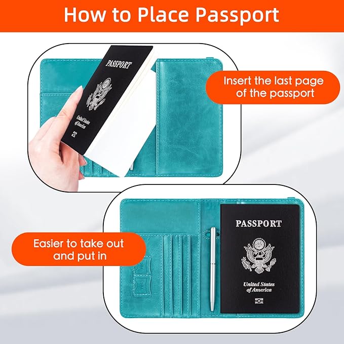 WALNEW Passport Holder for Travel, RFID Passport Cover Wallet for Women Men, PU Leather Passport Book Card Holder Case with Pen, Travelling Essentials for Flying