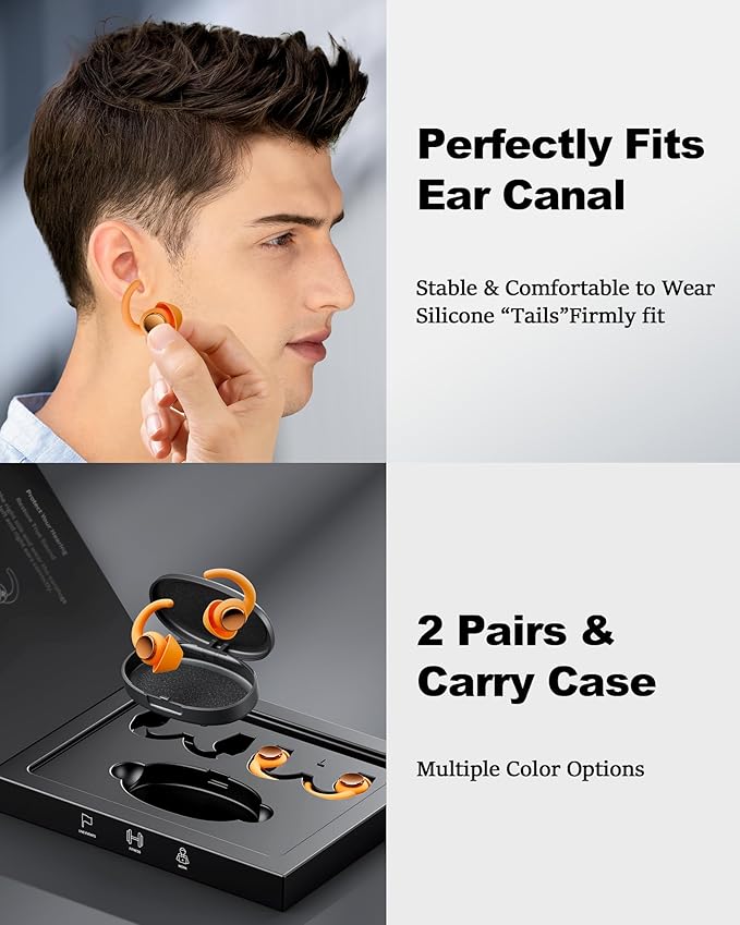 Ear Plugs for Sleeping - Noise Reduction Soft Silicone Earplugs, 2 Pairs Reusable Hearing Protection Earplugs for Noise Sensitivity, Sleep,Travel,Sound Reduction Noise Cancelling - Orange