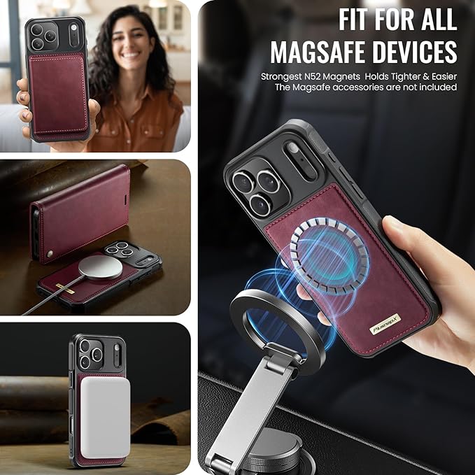PlusnapX Wallet Case for iPhone 17 Pro Max Compatible with Magsafe, 2-IN-1 PU Leather Flip RFID Blocking Card Holder Stand Shockproof Magnetic Detachable Case for iPhone 17 Pro Max Case 6.9", Burgundy
