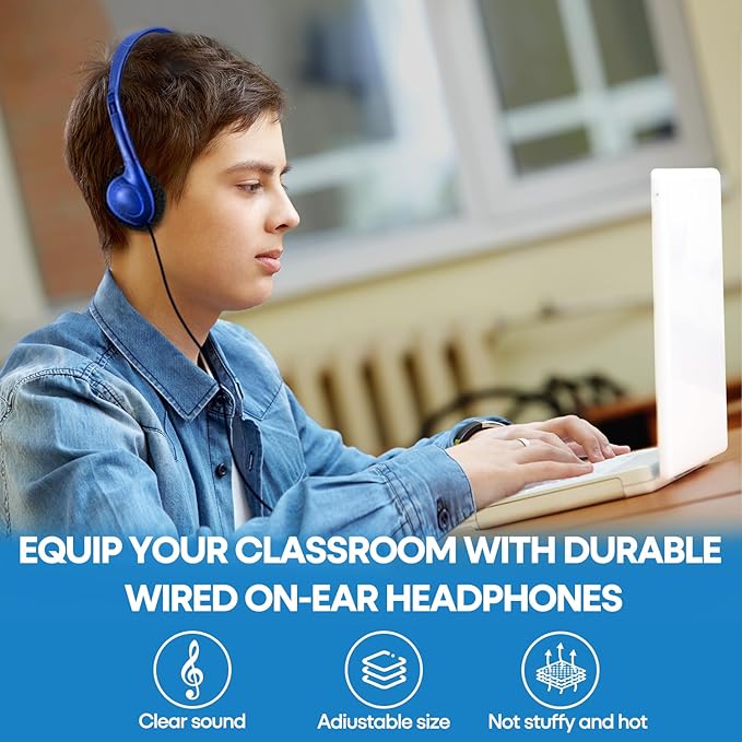CN-Outlet 25 Pack Classroom Headphones Bulk for Kids School Class Set Headsets for Students Teens Toddler Children and Adults, Wholesale Wired Earphones-Upgrade (Dark Blue, 25 Pack)