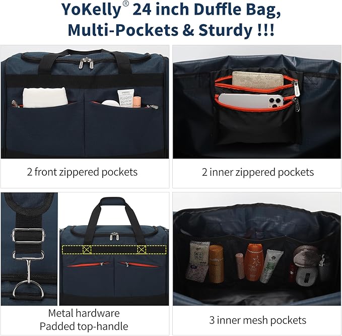 24 inch Large Gym Bag for Men - 65L Hard Bottom Duffle Bag with Shoes Compartment for Sport/Travel - Navy Blue