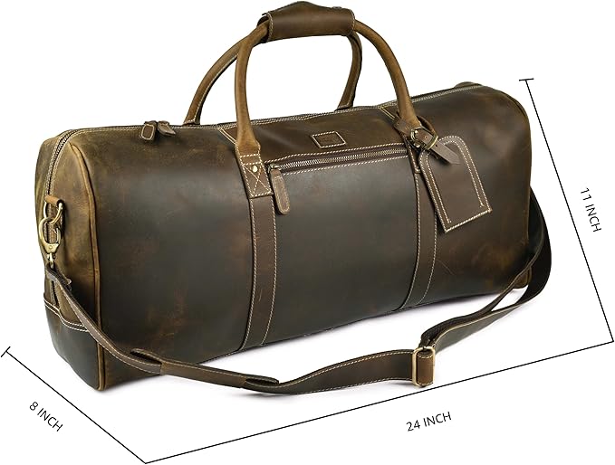 Leather Village Premium Leather Duffel Bags for Men & Women-Stylish Travel Weekender Carry-On Sports Gym Overnight Luggage Bag - 24 Inch - Olive/Army Green