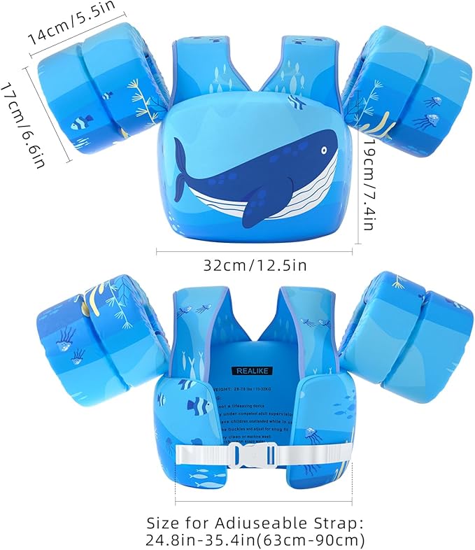 REALIKE Kids Swim Vest for Toddler Floaties Swimming Aids with Shoulder Harness Arm Wings for Children/Infant/Baby,Sea Beach/Pool/Lake, Suitable for 28-70lbs Boys/Girls