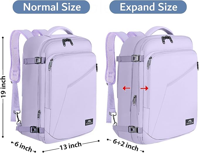 MATEIN Carry on Backpack for Women, 40L Heavy Duty Travel Backpack Airplane Approved, Expandable Simple Fashion Daypack, Frequent Traveler Gifts, Light Purple