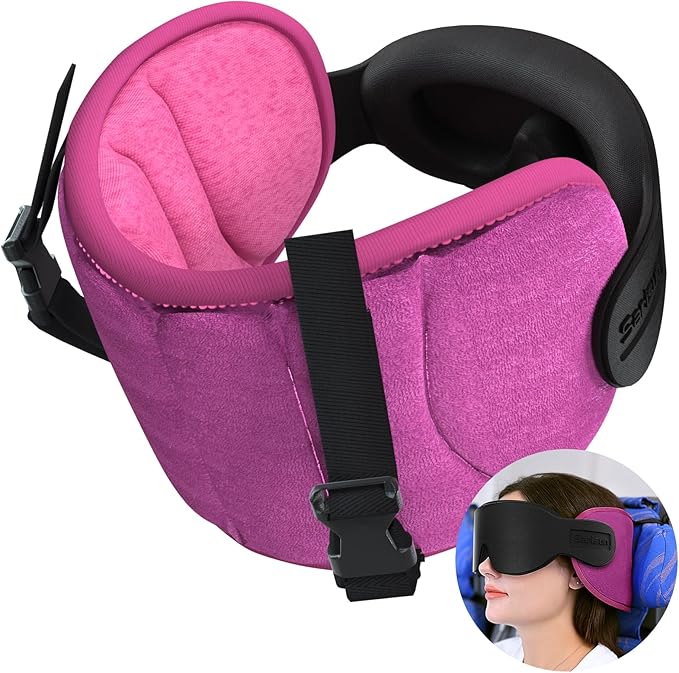 Travel Pillows for Airplanes, Airplane Pillow for Long Flight, Airplane Head Strap with Eye Mask for Sleep, Travel Neck Pillow for Car Road Trip, 360° Support Headrest, Stop Bobblehead, Pink