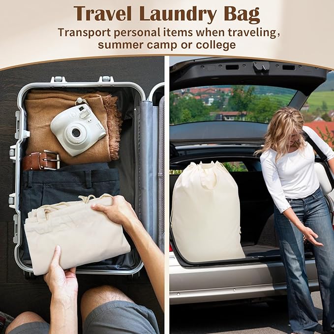 Canvas Laundry Bag with Handles & Drawstring 23.6"x35", Hanging Dirty Clothes Travel Bag, Heavy Duty Washable Laundry Sack (NOT Hamper Liner) - 2 Pack