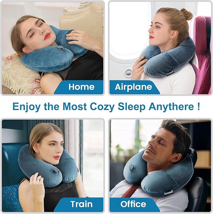 Inflatable Travel Neck Pillow for Airplane Sleeping Blow Up Neck Support Air Pillow Traveling on Plane Long Flights Washable