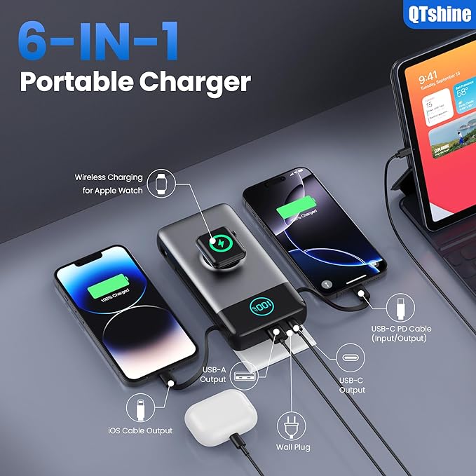 Portable Charger for iPhone with Built-in Cables and AC Wall Plug,Upgraded 40800mah Fast Charging USB C Power Bank,25W PD Travel Essentials Battery Pack for iPhone 17/16/15/14/13,Galaxy,Apple Watch