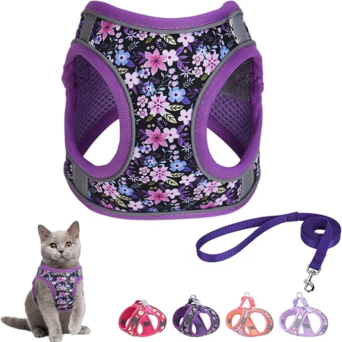 Step in Dog Harness and Leash Set, Flower Adjustable Easy Walk Puppy Harnesses, Soft Mesh Pet Vest Harness Small Size Dog Adjustable No Pull Dog Harness for Small Dogs and Cats(Purple, XXS)